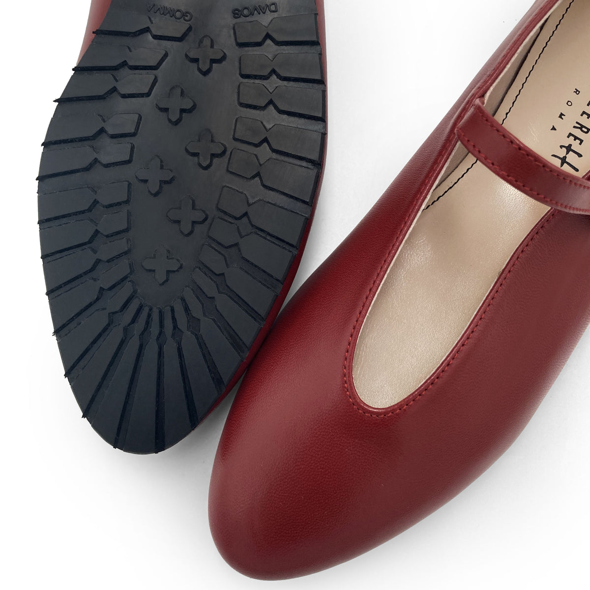 Cherry red leather ballet flats with V-cut and strap