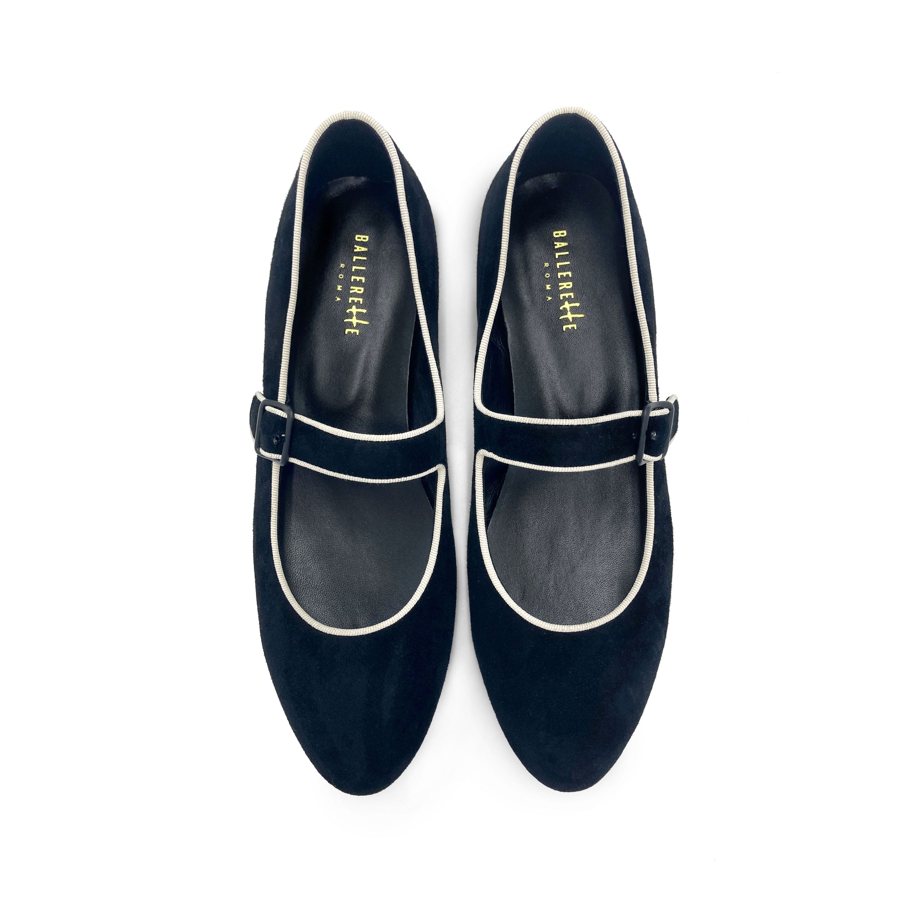 Mary Jane ballet flats in black suede with strap