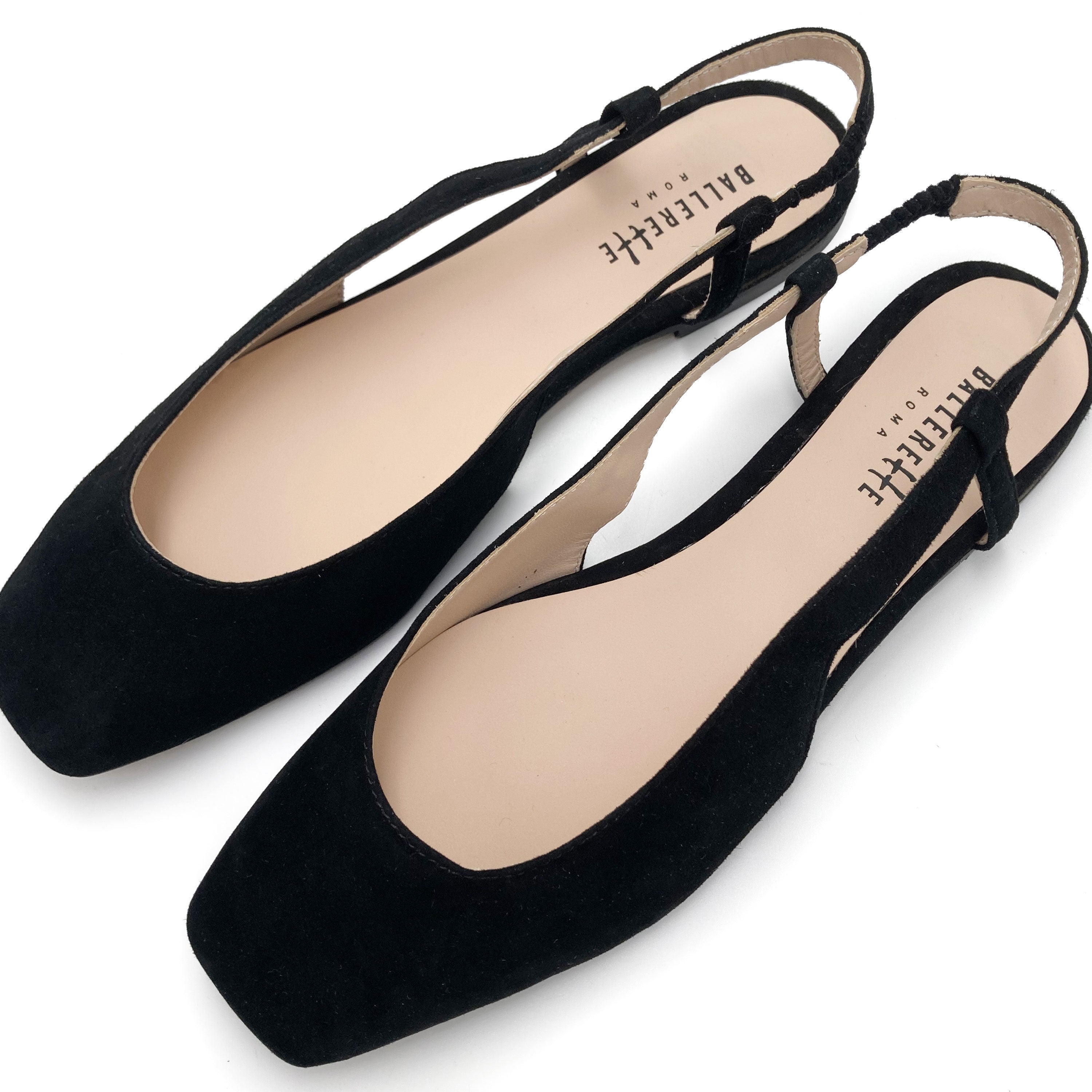 Black Suede Square Toe Slingback Ballet Flats