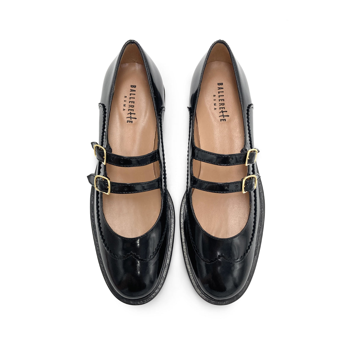Ballerina wingtip brogue con doppio cinturino in pelle nera