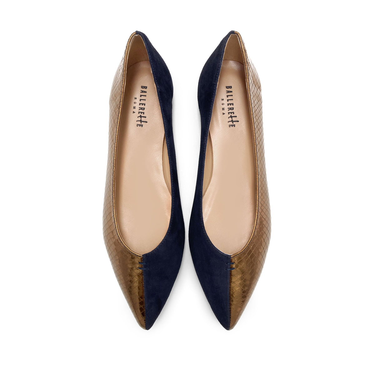 Bicolor pointed toe ballet flats bronze and blue
