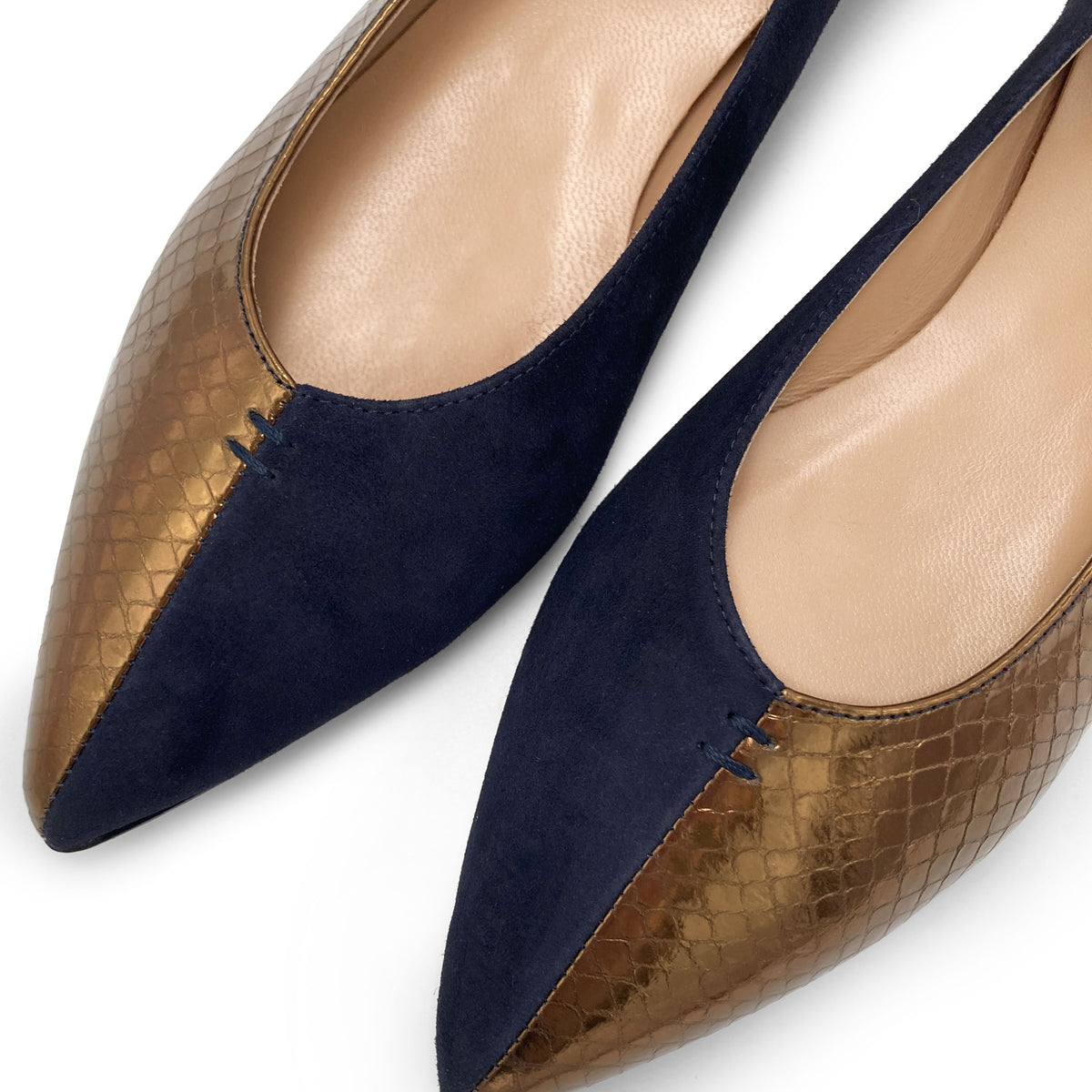 Bicolor pointed toe ballet flats bronze and blue