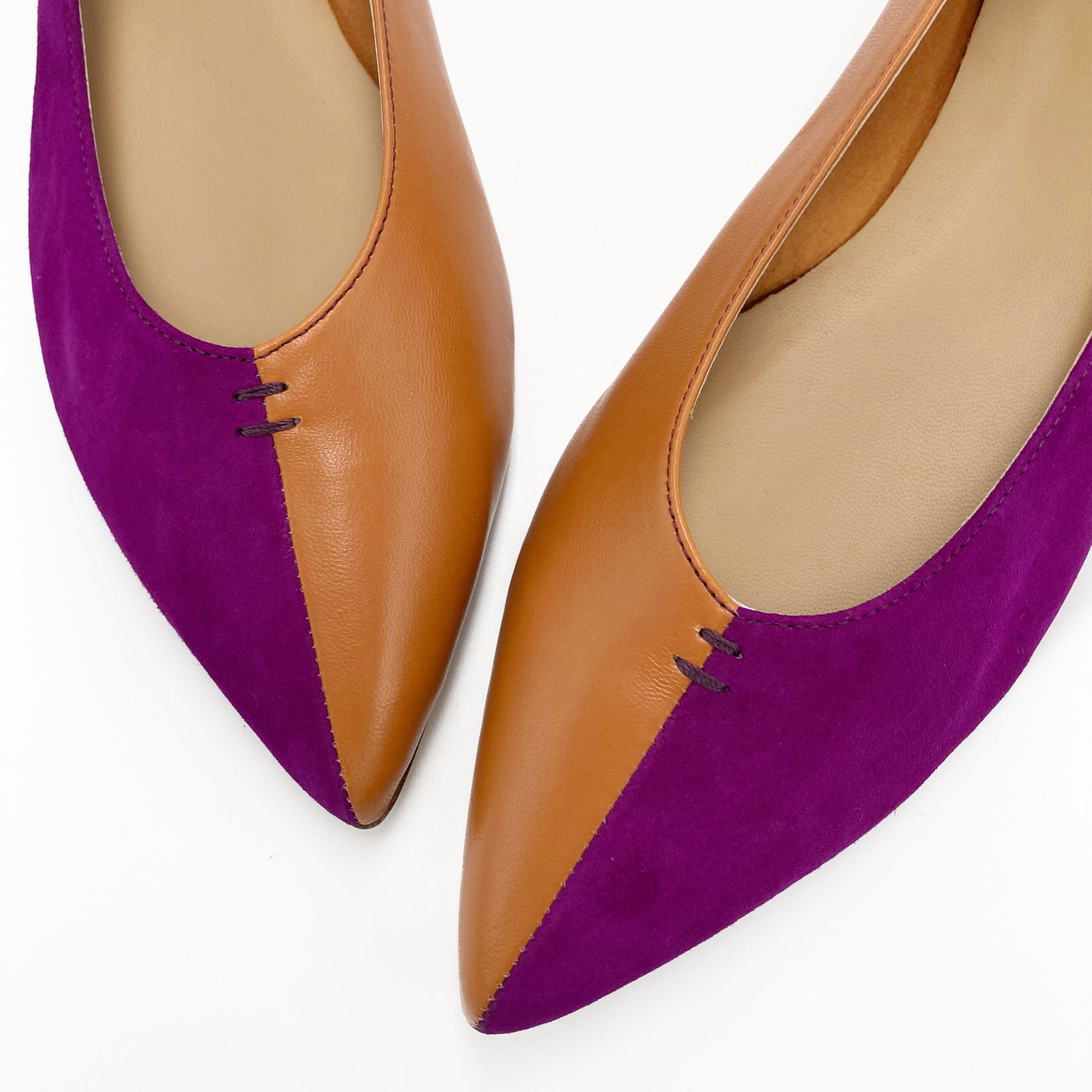 Ballerine a punta bicolor marrone e viola