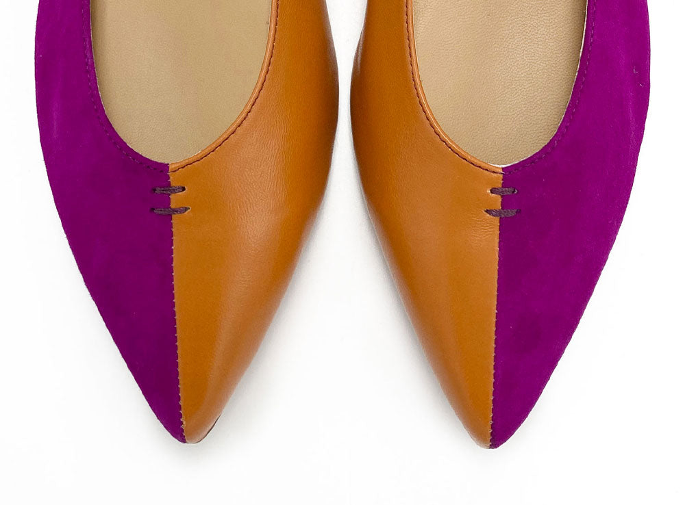 Ballerine a punta bicolor marrone e viola