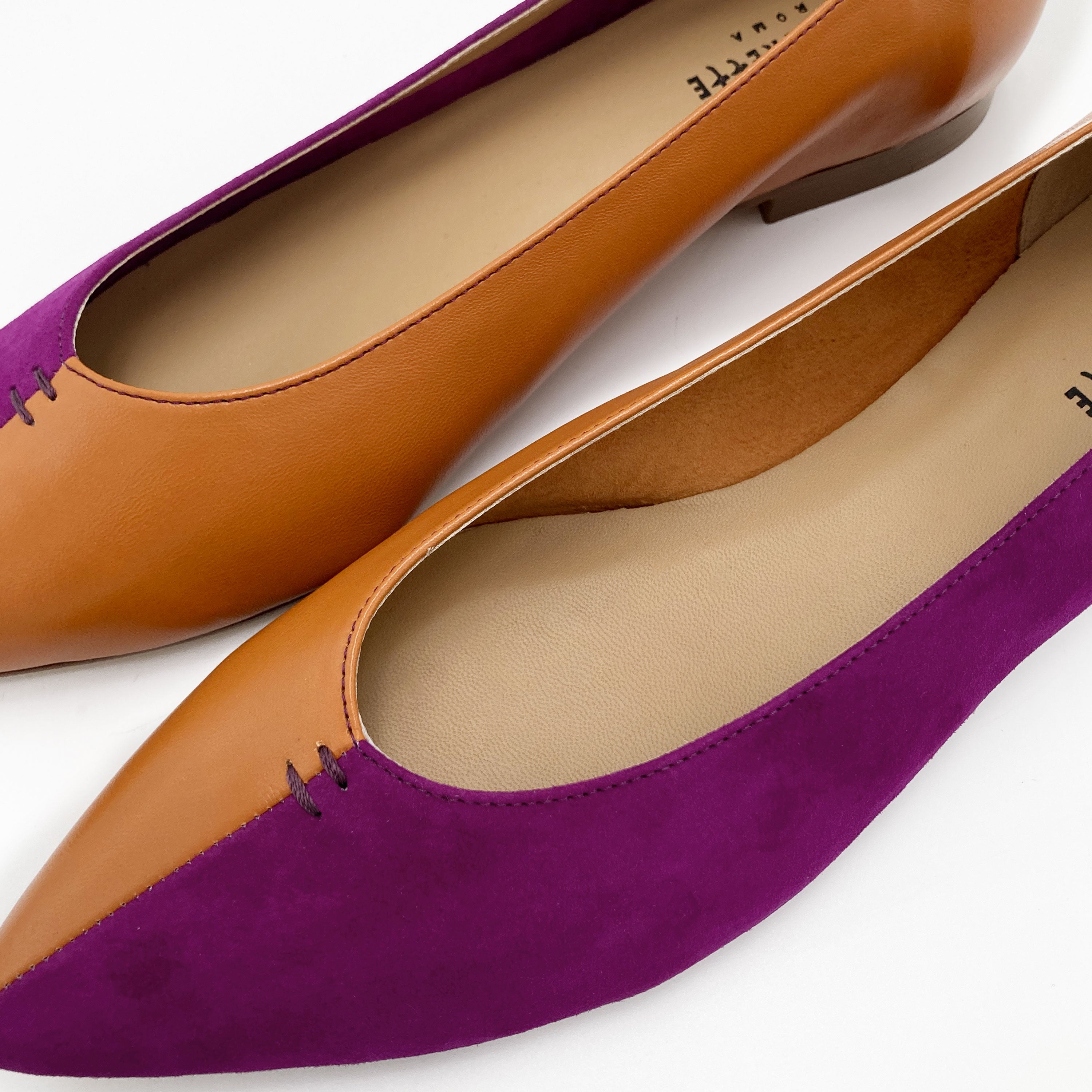 Ballerine a punta bicolor marrone e viola