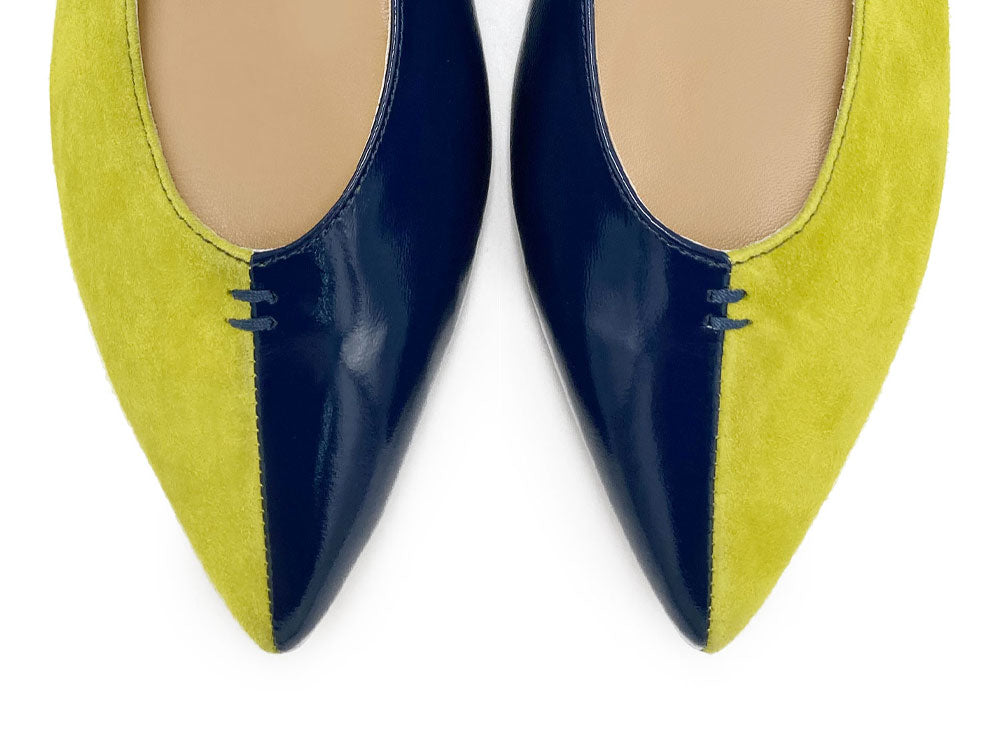Ballerine a punta bicolor blu e lime