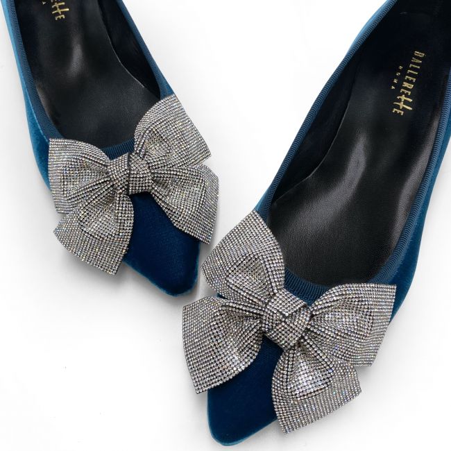 Pointed toe ballet flats in cobalt blue velvet with silver rhinestone bow
