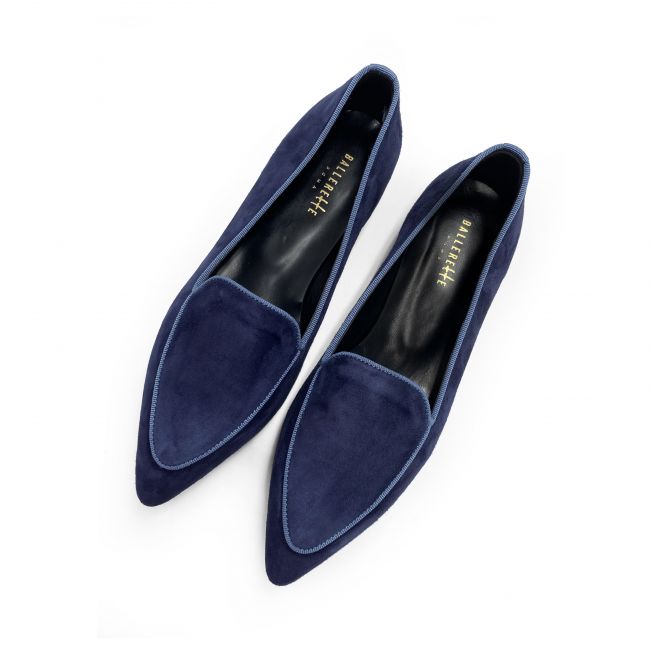 Blue suede moccasins with cerulean edging