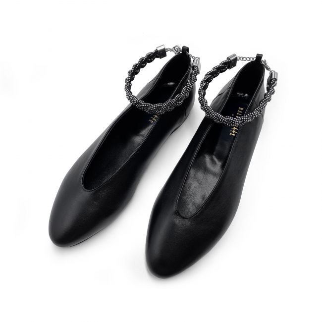 Black high-necked ballet flats with jewel strap