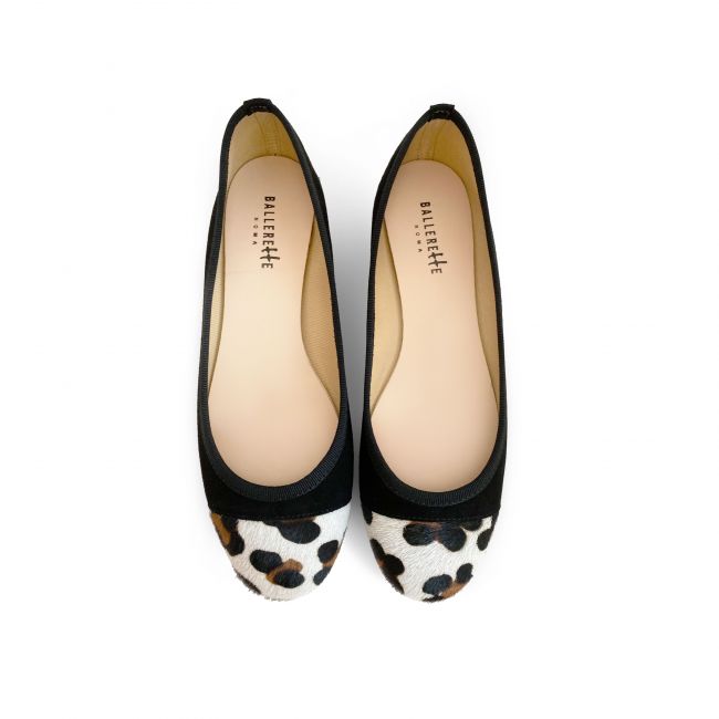 Black suede ballet flats with leopard spotted toe