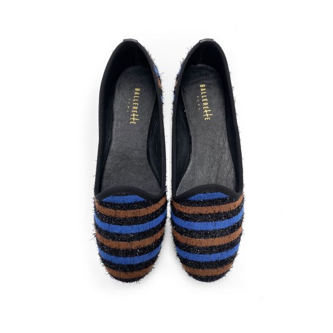 Women's slippers in blue and brown striped fabric