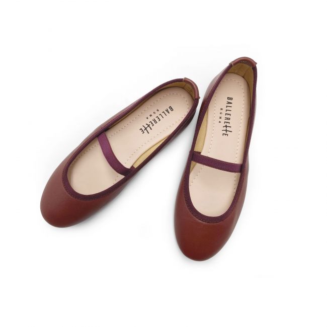 Burgundy leather girls ballet flats with elastic band