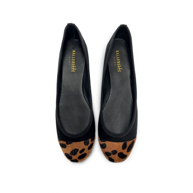 Black suede ballet flats with brown spotted calf hair toe