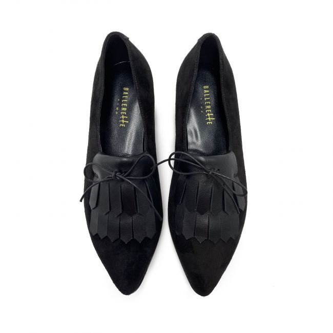 Women’s black suede oxford with leather fringe
