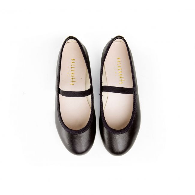 Black leather girls ballet flats with elastic band