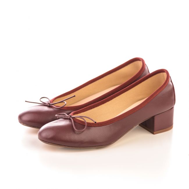 Burgundy leather ballet flats with heel