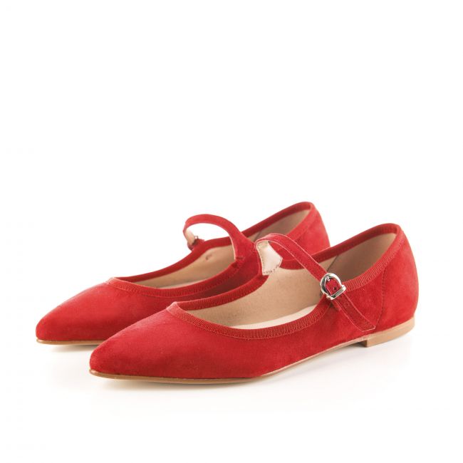 Red suede pointed ballet flats with strap