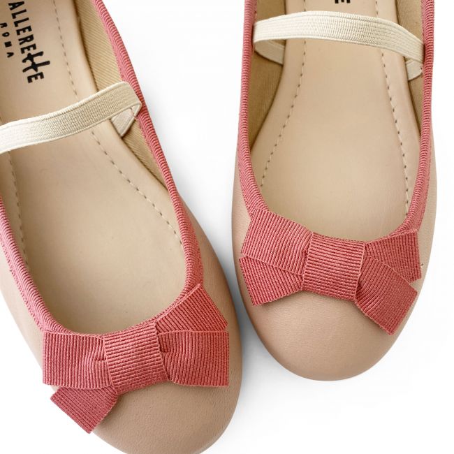 Powder pink leather ballet flats for girls with pink elastic and bow