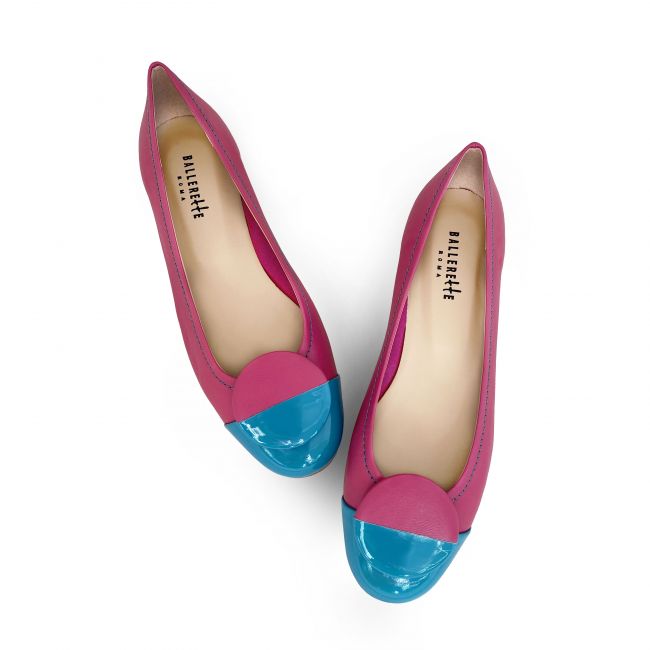 Fuchsia leather ballet flats with teal patent leather toe and stud