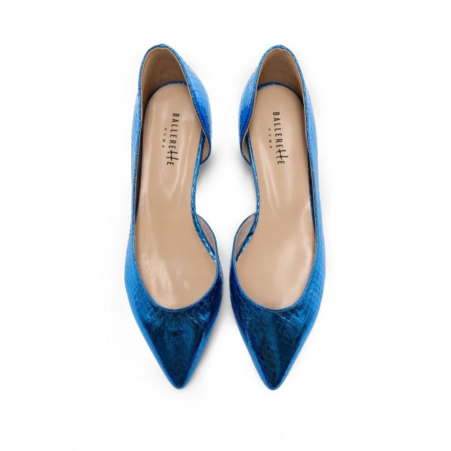Blue mirrored pointed toe ballet flats with open side