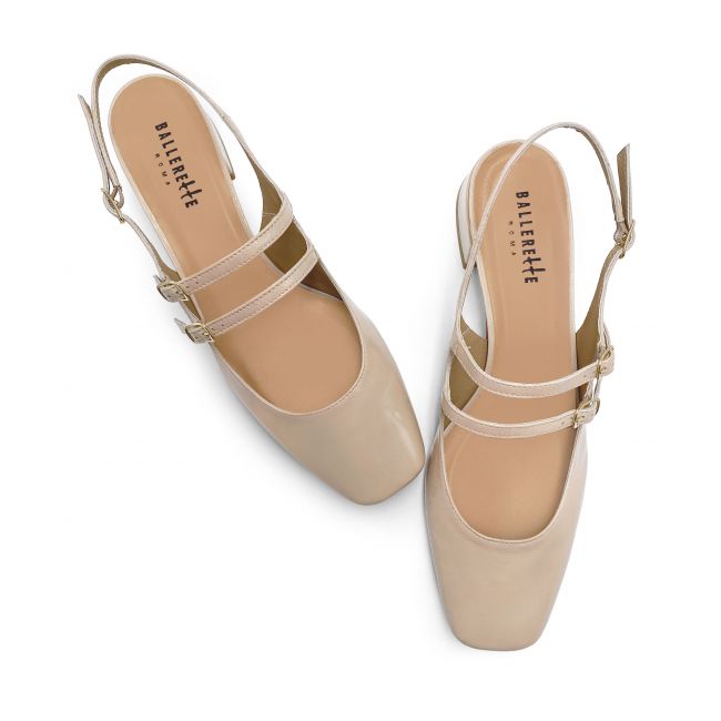 Beige slingback ballet flats in shiny leather with heel