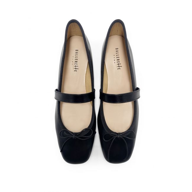 Black leather ballet flats with square toe and strap